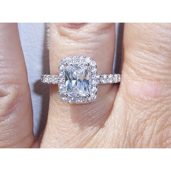 Jewelry - 925 STERLING SILVER Radiant Cut Clear Cubic Zirconia Halo Ring